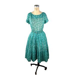 1960s teal floral pleated dress with belt Size M